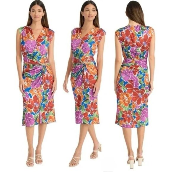 NWT Maggy London Floral V-Neck Cap Sleeve Charmeuse Faux Wrap Nevein Midi Dress - Picture 1 of 8